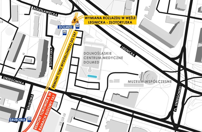 Wrocław z ofertami na remont torowiska na Złotoryjskiej obok Dolmedu