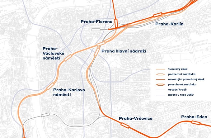 Praga z planem na podziemne linie kolejowe krzyżujące się pod dworcem