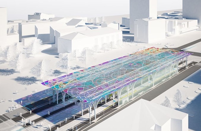 Łódź. Witraż na membranie pod "Centralem"